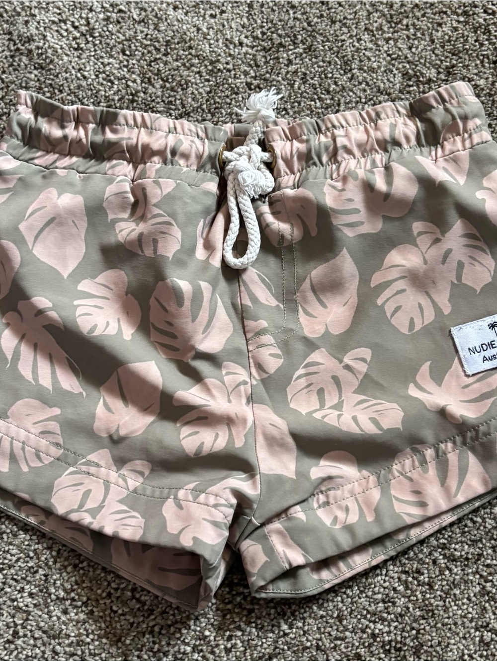 Kids Pink Leaf Print Swim Trunks with Drawstring